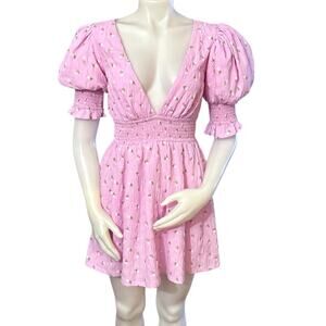 MAJORELLE Angelina Mini Dress Puff sleeves V-neck in Ditsy Pink Size XS NWT